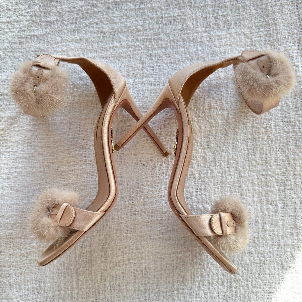 AQUAZZURA Sinatra Ankle Strap Sandal - Satin & Mink Fur in Powder Pink - Size 7